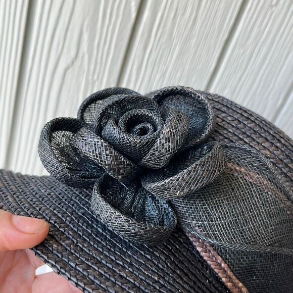 Betmar New York Black Straw Hat Wide Brim Rose Accent Church Derby Tea - Picture 9 of 13